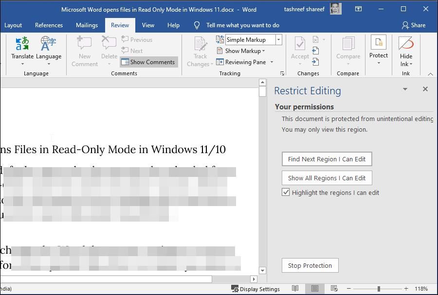 Панель Ограничить редактирование с кнопкой Остановить защиту