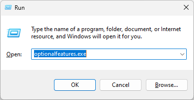 Окно «Выполнить» Windows Features
