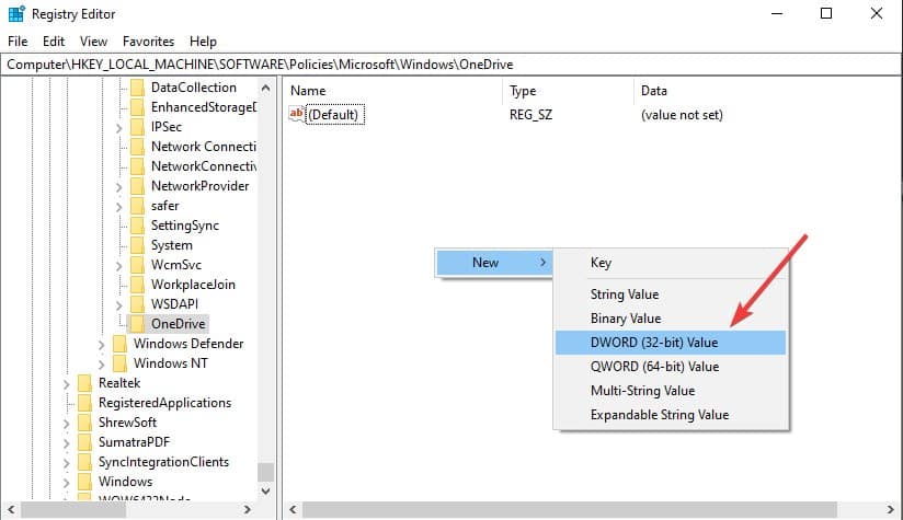Изменение значения реестра для отключения OneDrive