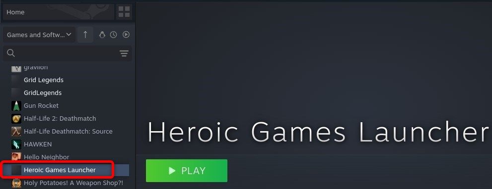 Ярлык Heroic Games Launcher в библиотеке Steam.