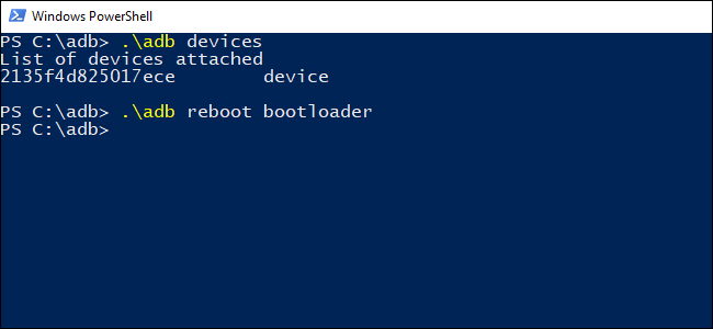 Команды ADB, выполняющиеся в окне Windows PowerShell