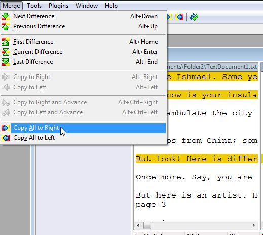 Меню «Слияние» WinMerge с опциями полуавтоматического и полного слияния