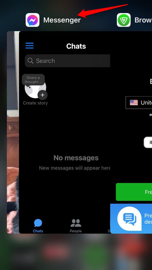 Принудительное закрытие Messenger на iOS — закрытие приложения жестом