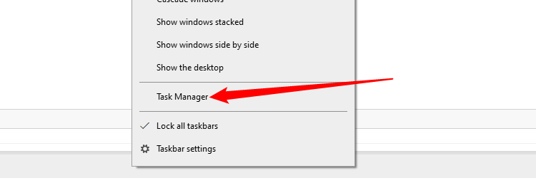 Правый клик по панели задач и выбор «Диспетчер задач» в Windows 10.