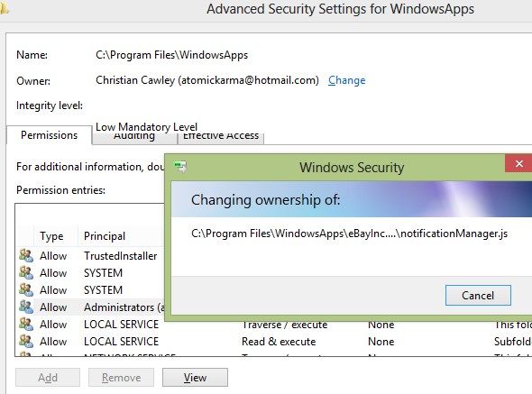 Скриншот процесса изменения прав доступа к папке WindowsApps