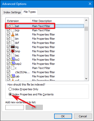 Список типов файлов в расширенных параметрах индексирования