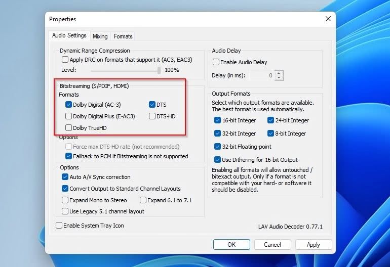 Настройки битстриминга в LAV Audio Decoder