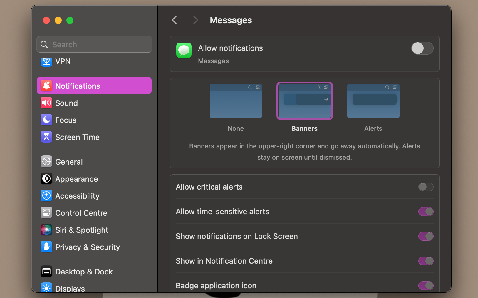 Отключение уведомлений для приложения «Сообщения» в настройках macOS
