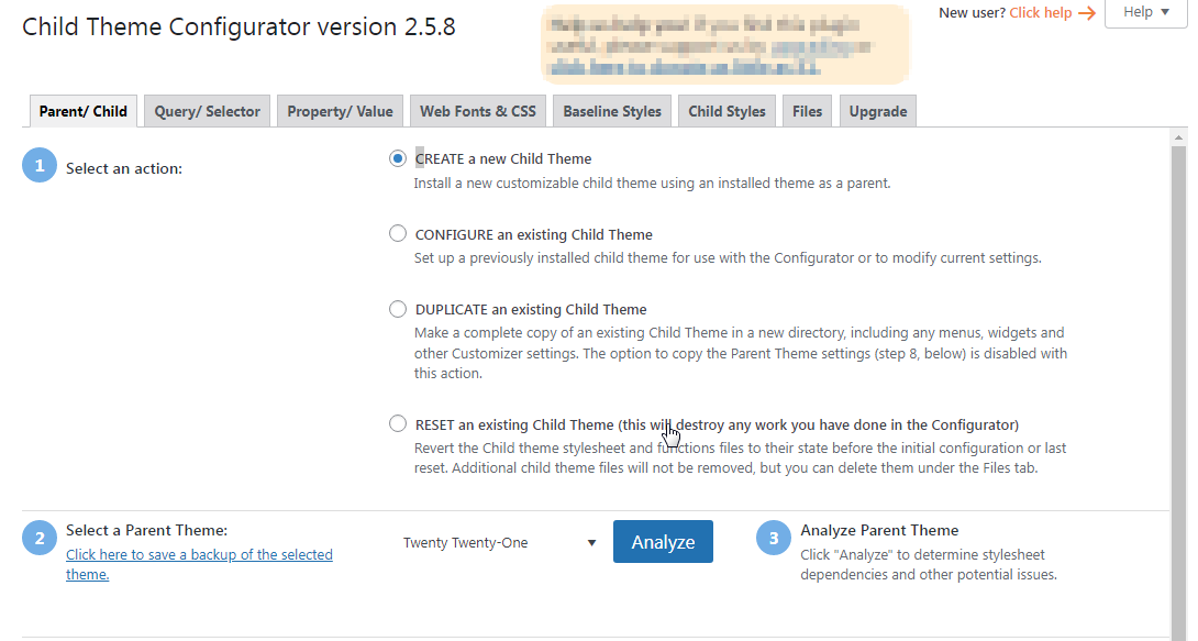 Интерфейс плагина Child Theme Configurator