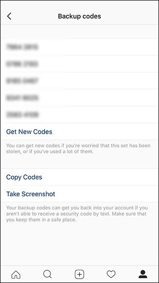 backup codes list screenshot