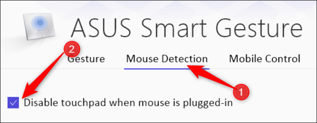 Окно утилиты управления трекпадом Asus Smart Gesture с опцией отключения при подключении мыши