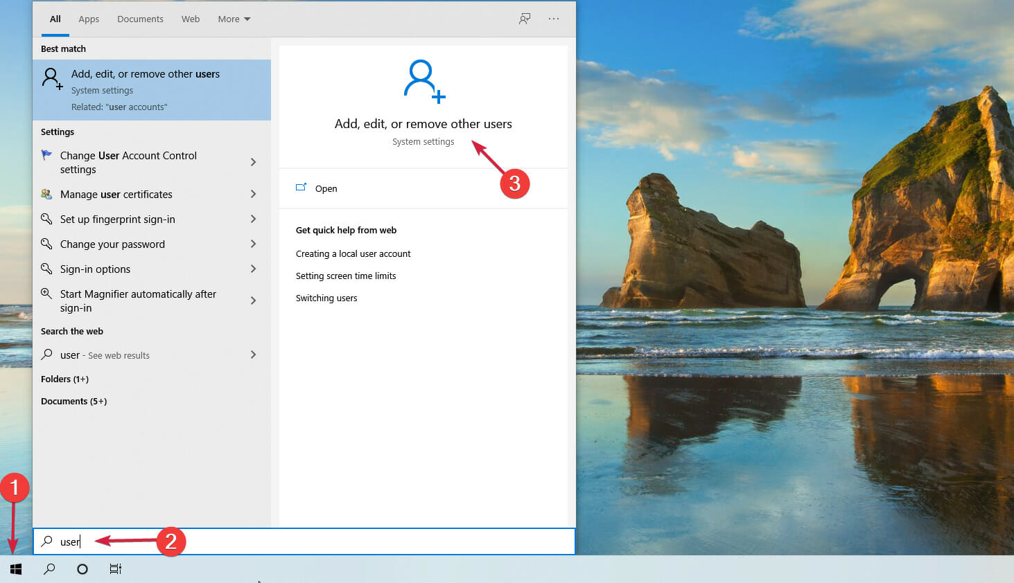 Параметр 'Добавить, изменить или удалить других пользователей' в настройках
