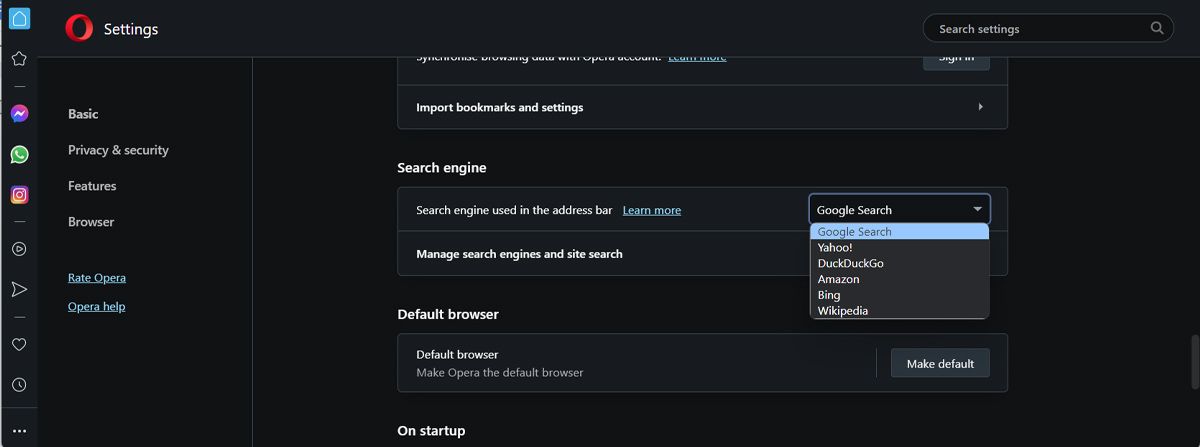 Настройка поисковой системы в Opera