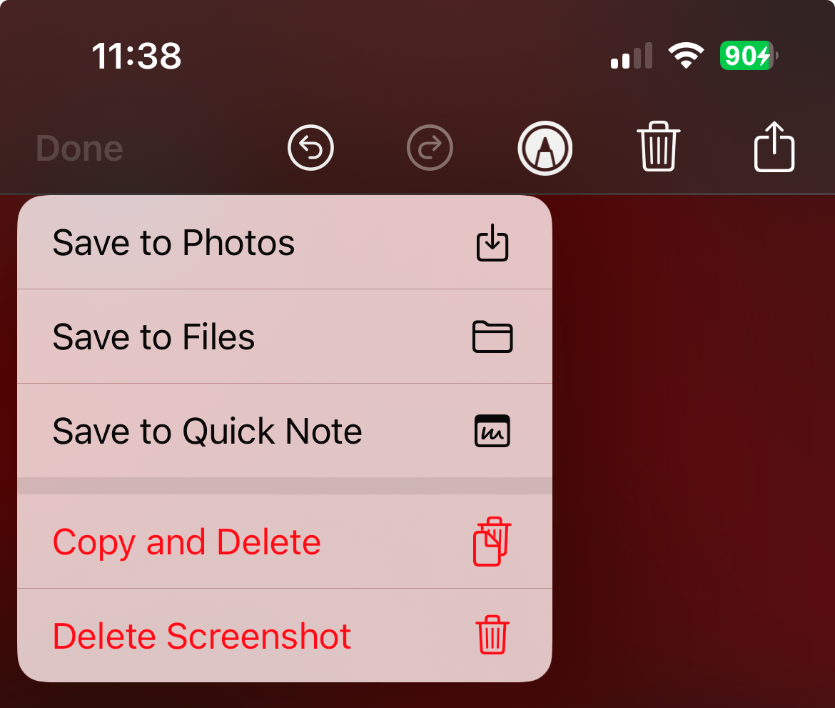 Меню «Готово» с опцией «Копировать и удалить» для немедленного удаления скриншота и сохранения его в буфере обмена.