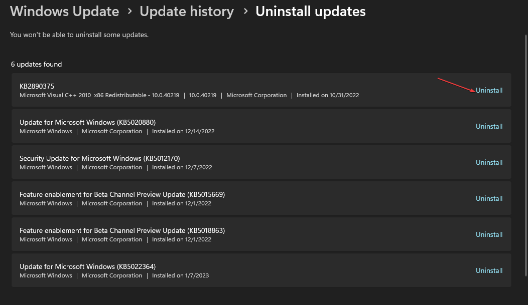 список обновлений