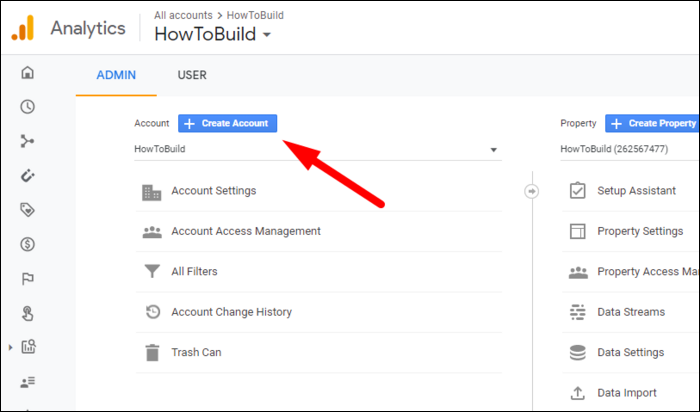 Интерфейс создания аккаунта Google Analytics.