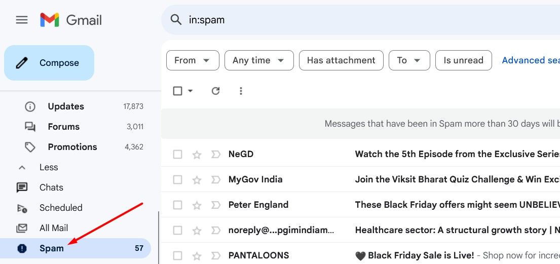 Папка Спам в Gmail.
