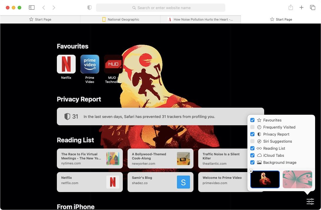 Отчёт о конфиденциальности на начальной странице Safari