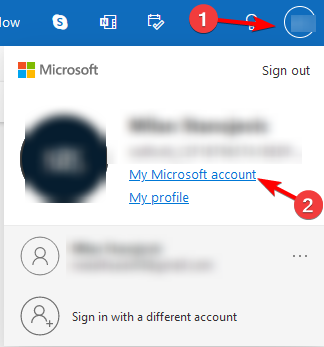 Страница управления учетной записью Microsoft