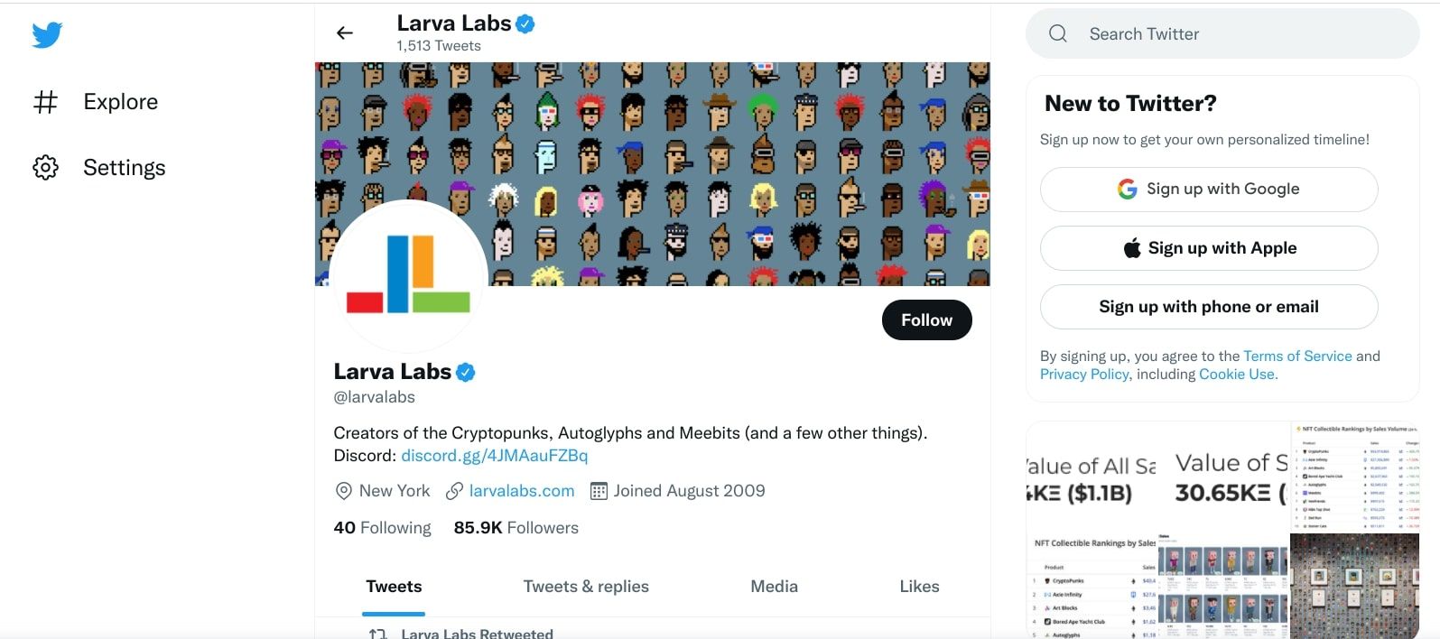 Официальная страница Larva Labs в Twitter