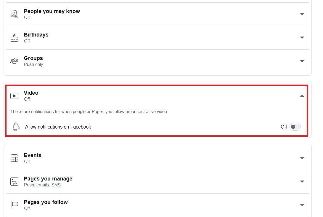 Настройки уведомлений для Facebook Live