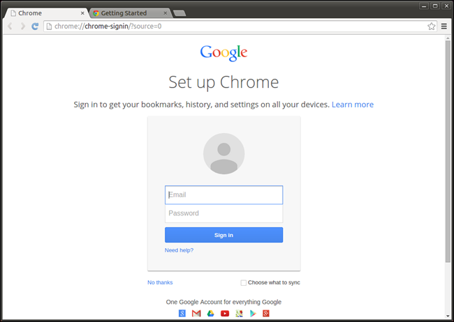 Страница настройки Chrome после первого запуска