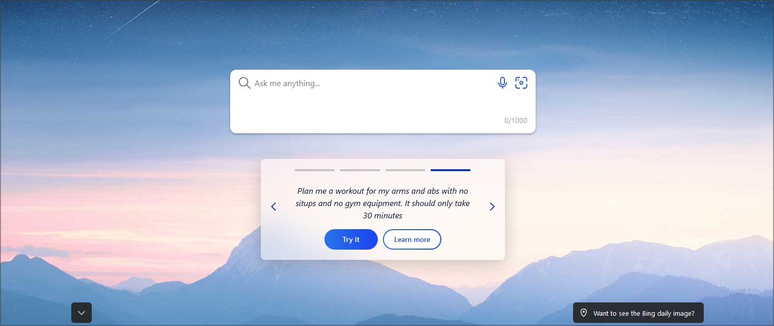 Подсказки ChatGPT под строкой поиска в Bing