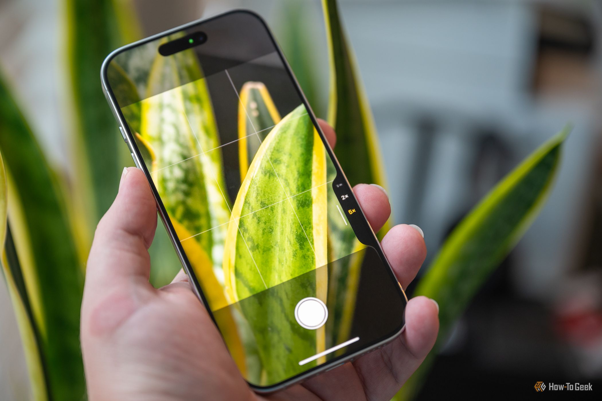 Человек делает фото с помощью кнопки управления камерой на Apple iPhone 16 Pro в портретной ориентации