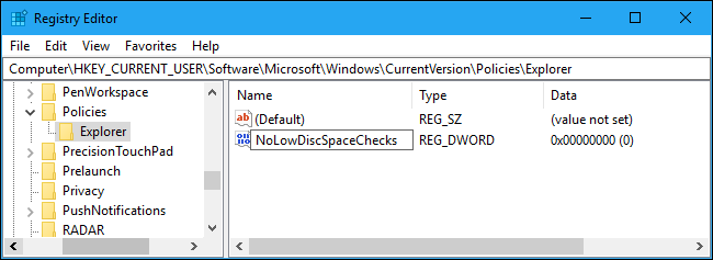 Новое значение реестра NoLowDiscSpaceChecks