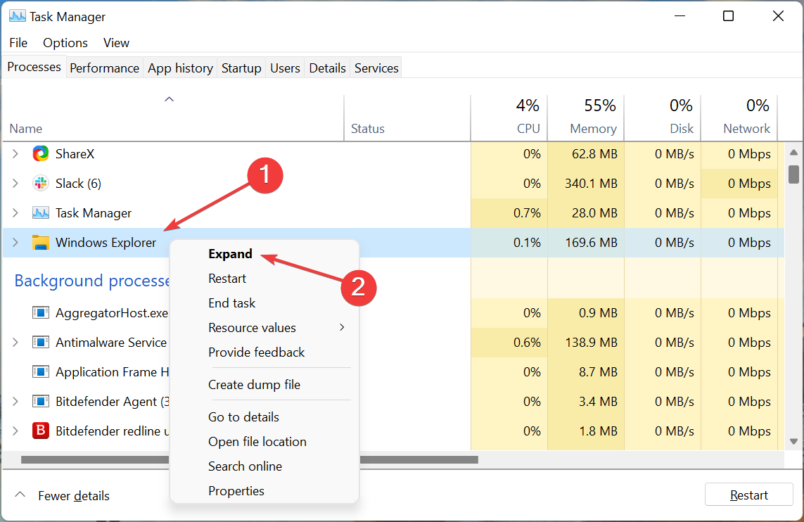 Команда Перезапустить в Диспетчере задач