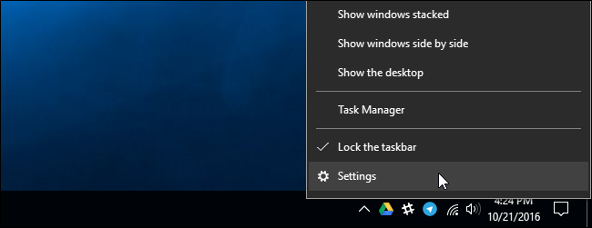 Контекстное меню панели задач с пунктом Параметры