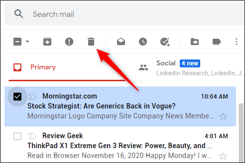 Иконка корзины для удаления писем