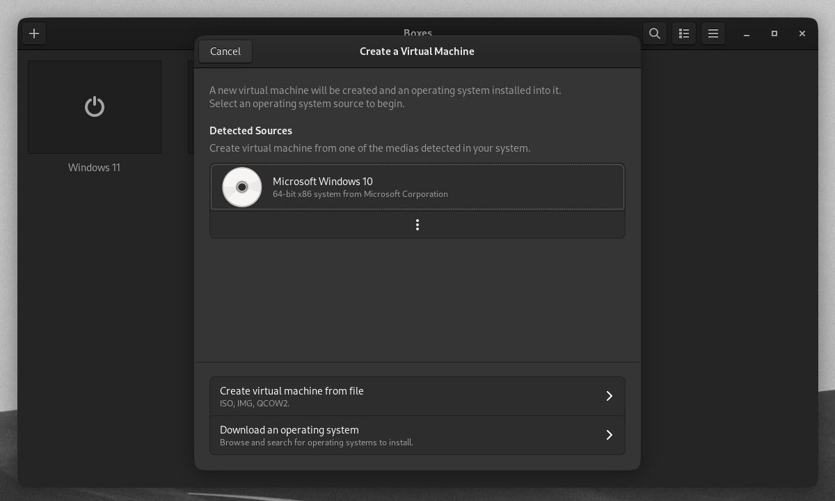 GNOME Boxes Create a Virtual Machine window