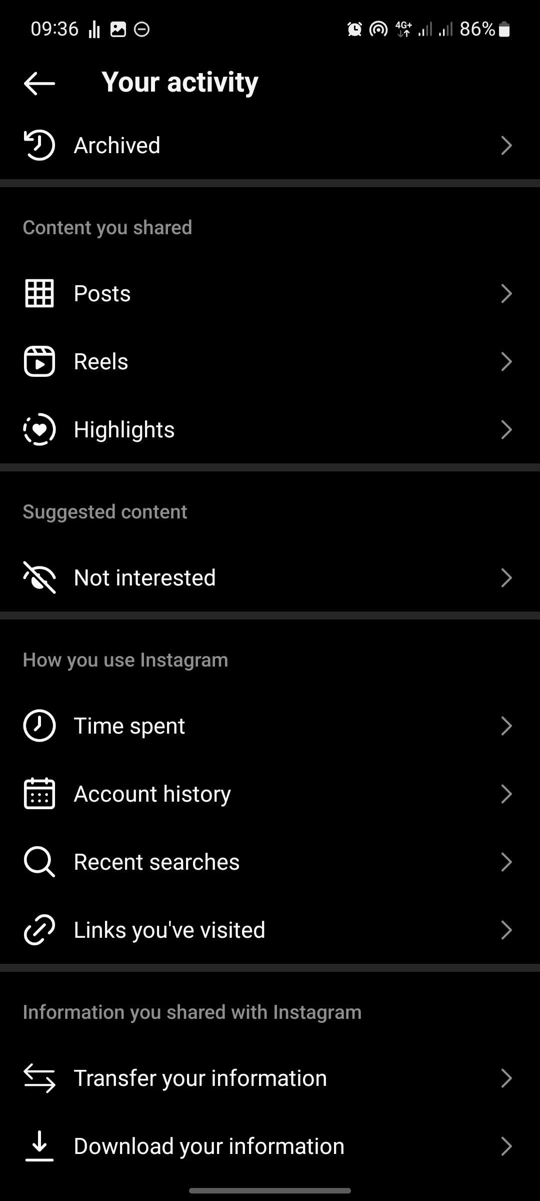 screenshot of instagram activity