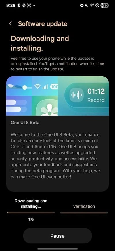 Загрузка обновления One UI 8 — экран загрузки обновления