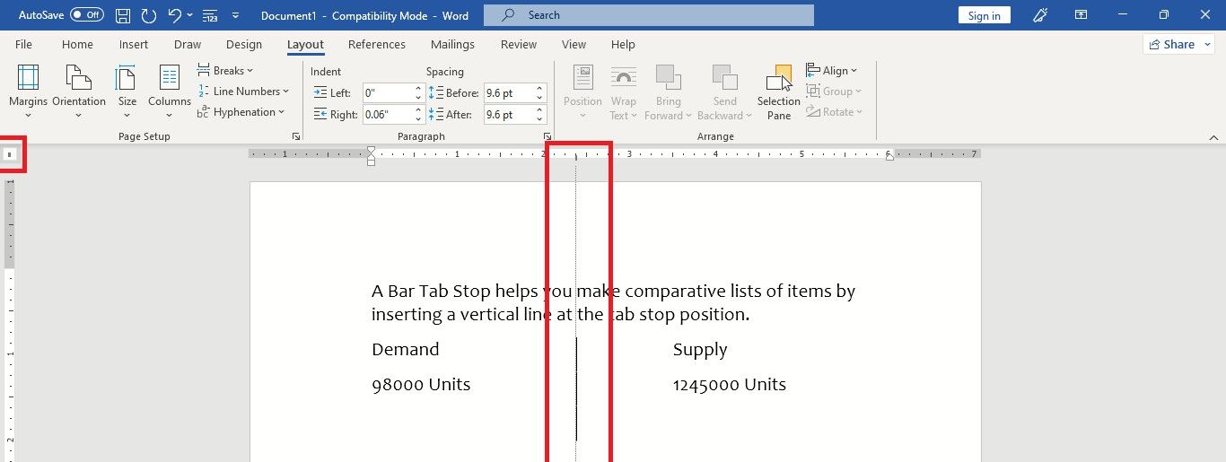 Установка табулятора-вертикальной черты на линейке в Word