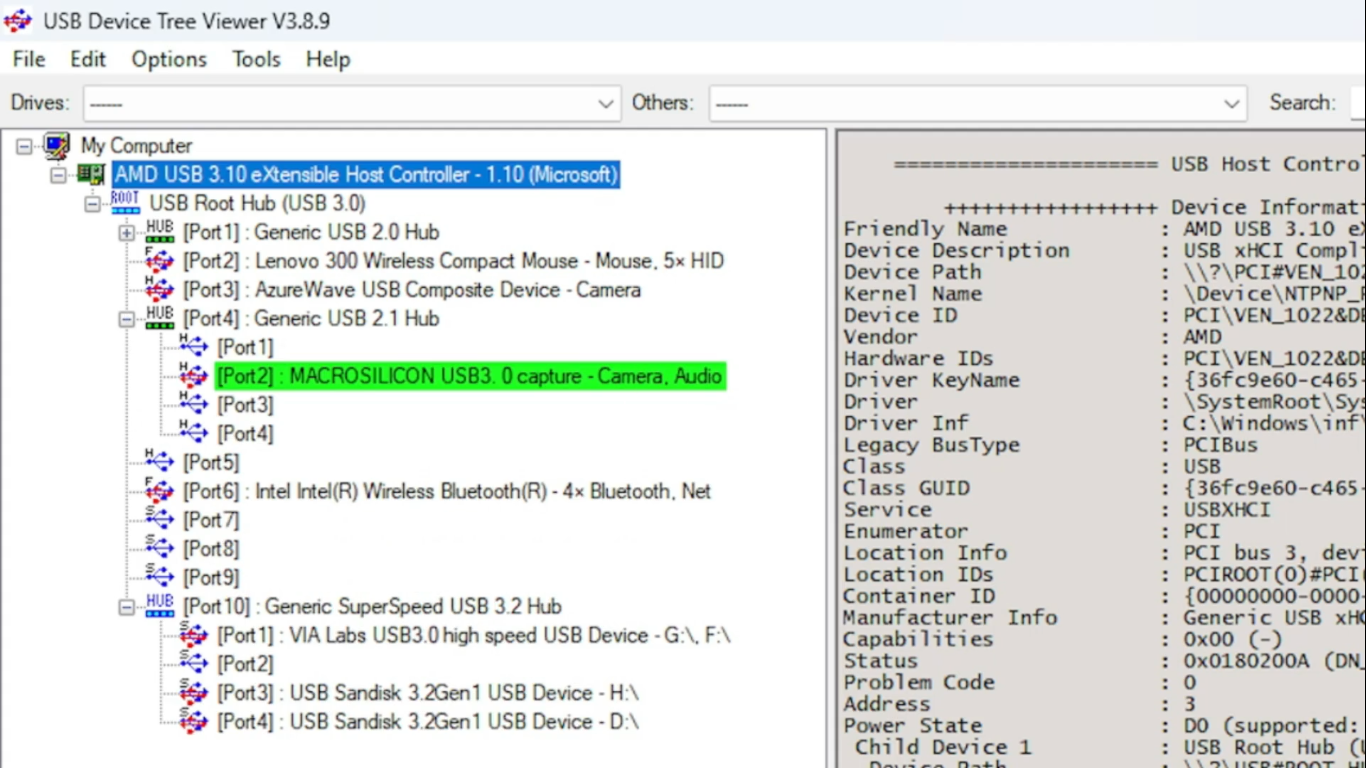 USB Device Tree Viewer показывает недавно подключённое устройство в дереве устройств