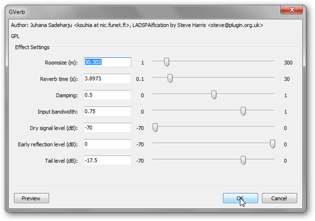 Параметры GVerb — начало настройки (скриншот)
