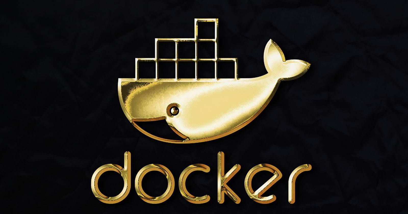 Логотип Docker: синий кит, несущий блоки на спине, на чёрном фоне с золотыми надписями
