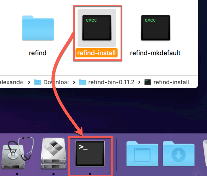 Скриншот перетаскивания refind-installer на терминал Mac