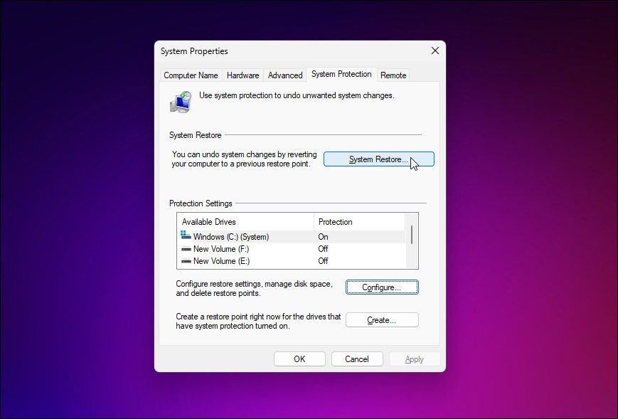 Окно защиты системы для восстановления