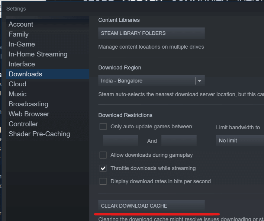 Диалог очистки кэша загрузок в Steam