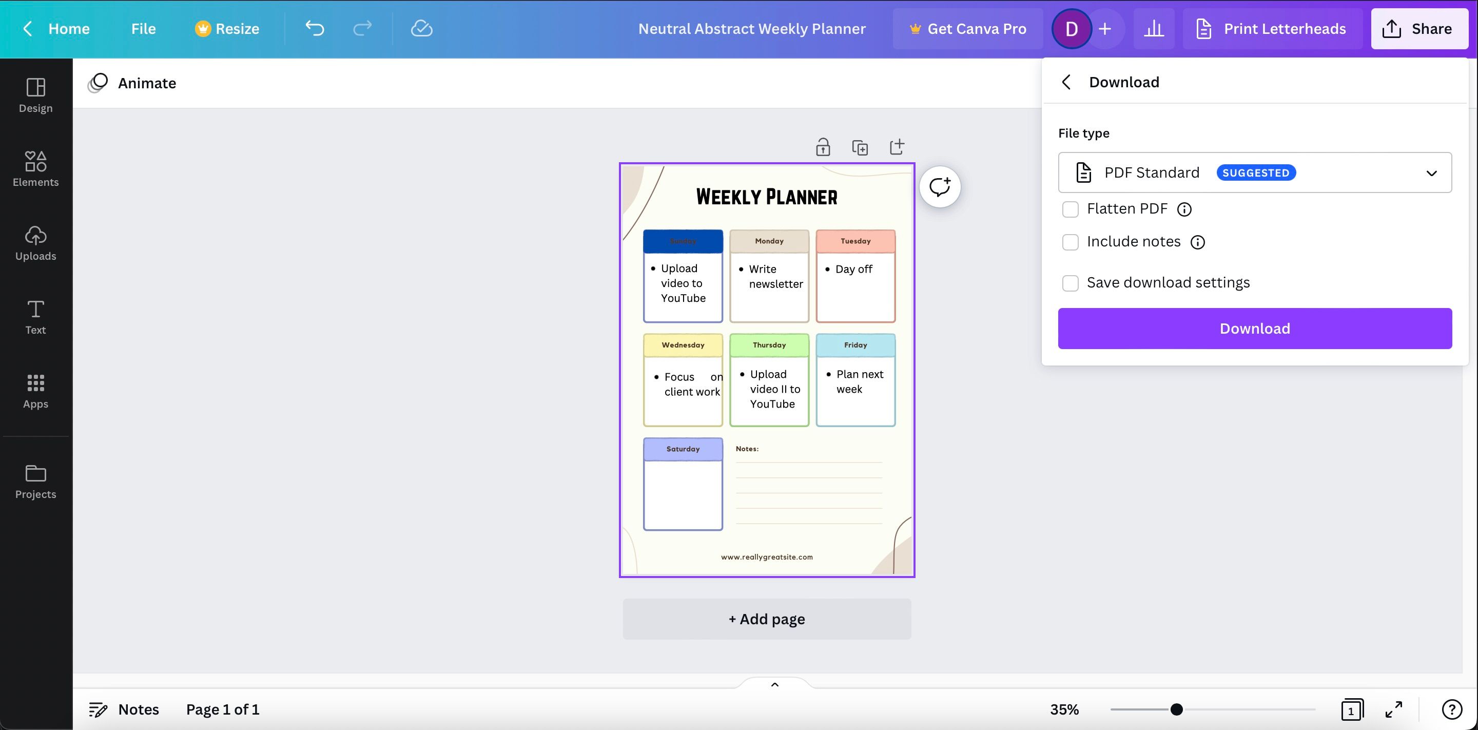 Кнопка загрузки файла в Canva — подтверждение формата и старт скачивания