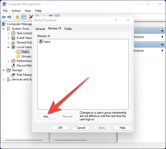 Кнопка «Добавить» для добавления учётной записи в группу.