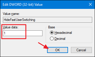 Окно свойств значения HideFastUserSwitching с установкой 1