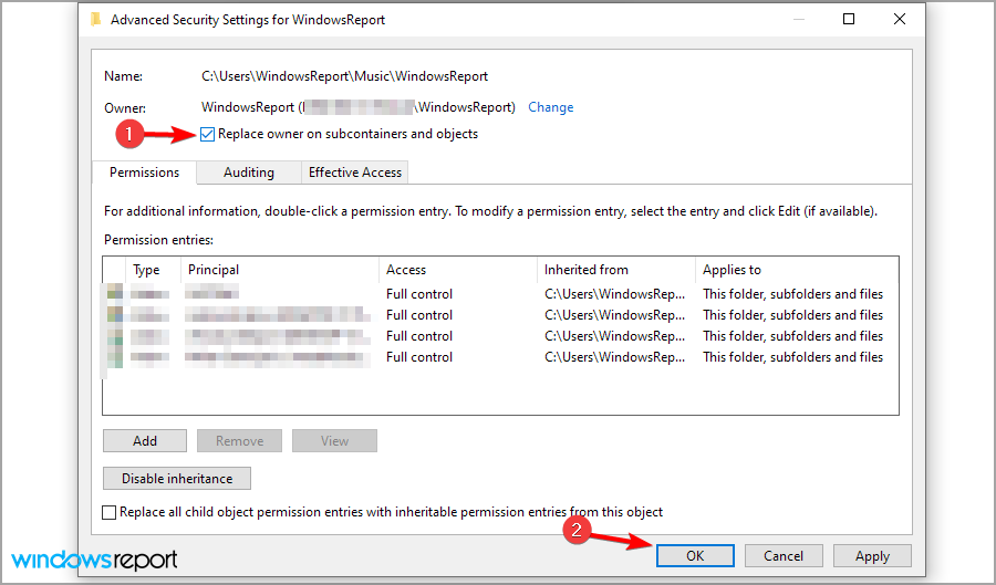 Параметр замены владельца для подпапок и объектов