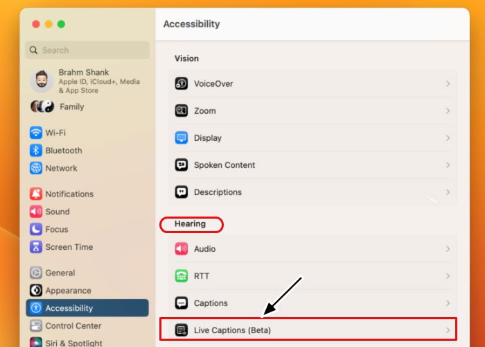 Пункт Live Captions в доступности Ventura