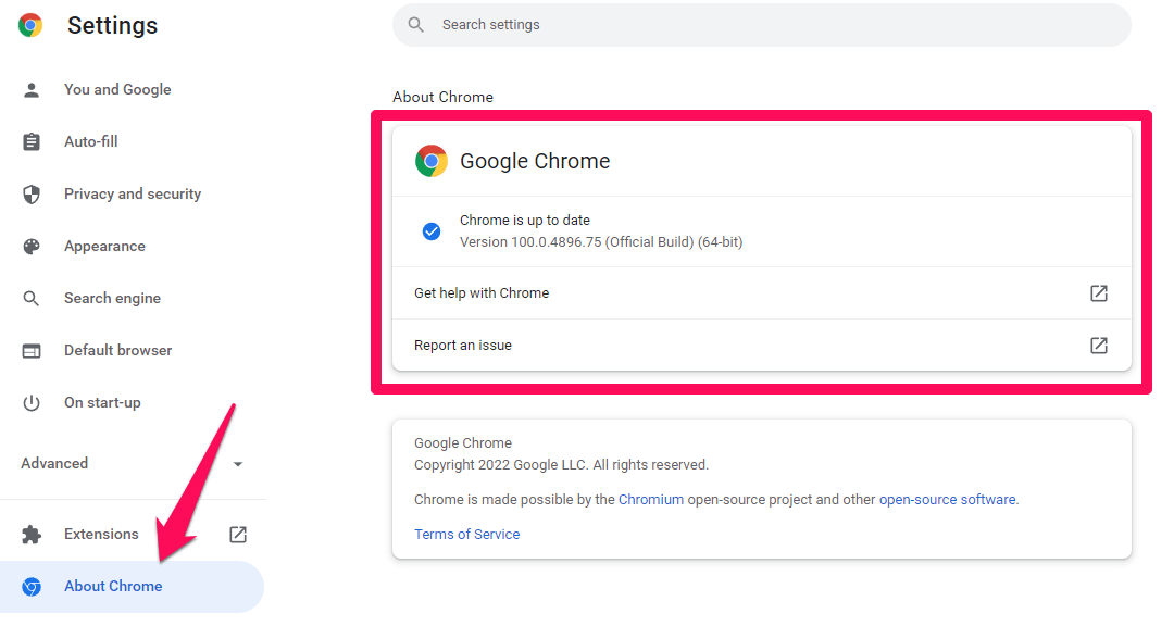 Обновление Google Chrome — экран About