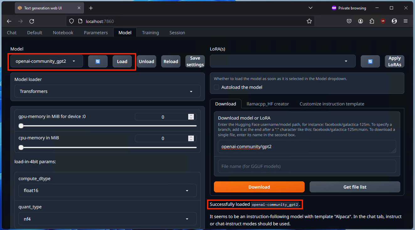 Загрузка и загрузка модели в интерфейсе