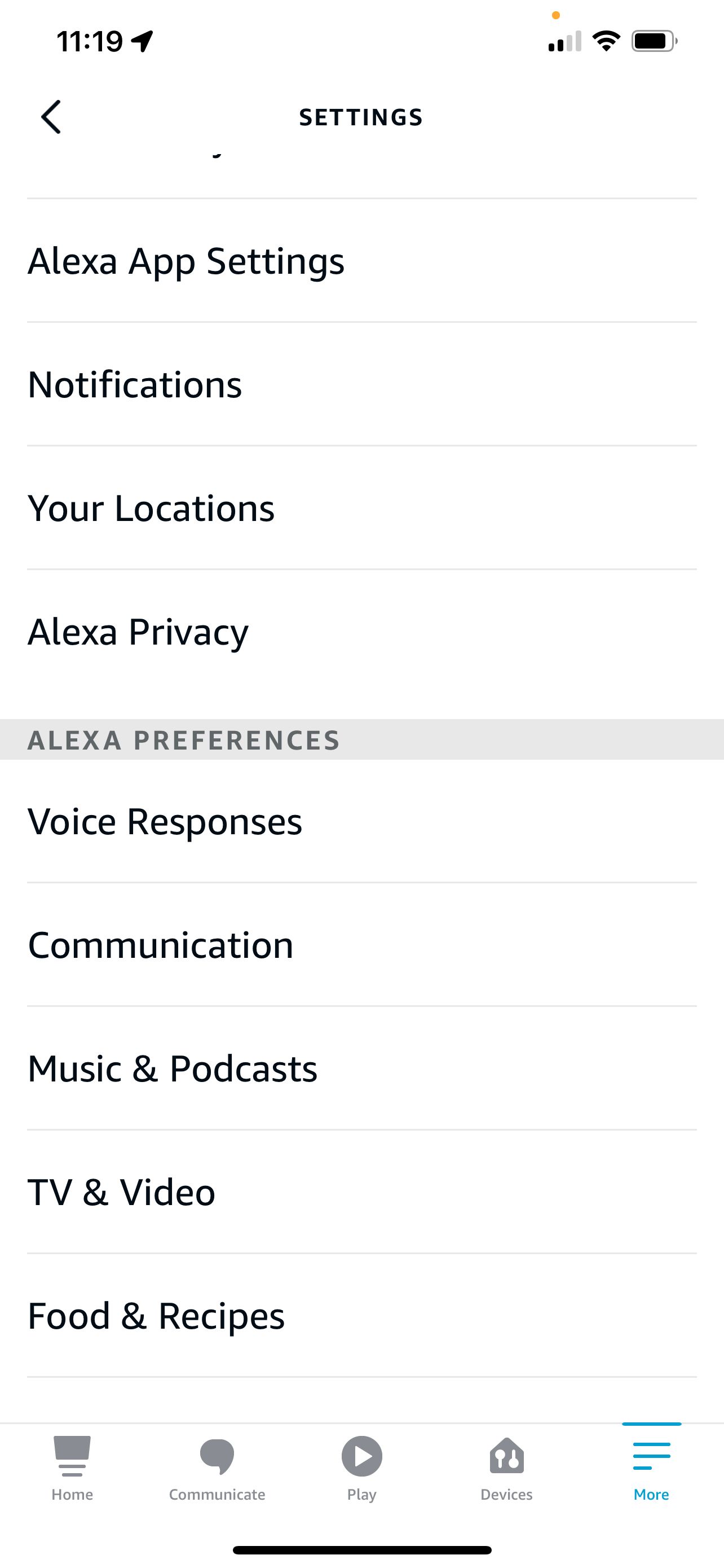 Alexa preferences in Alexa app showing Communication option
